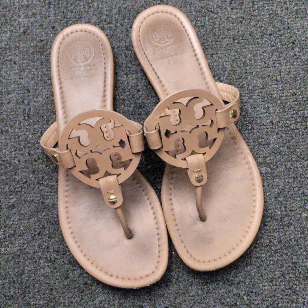 Tory Burch "Miller" Tan Leather Logo Thong Sandals